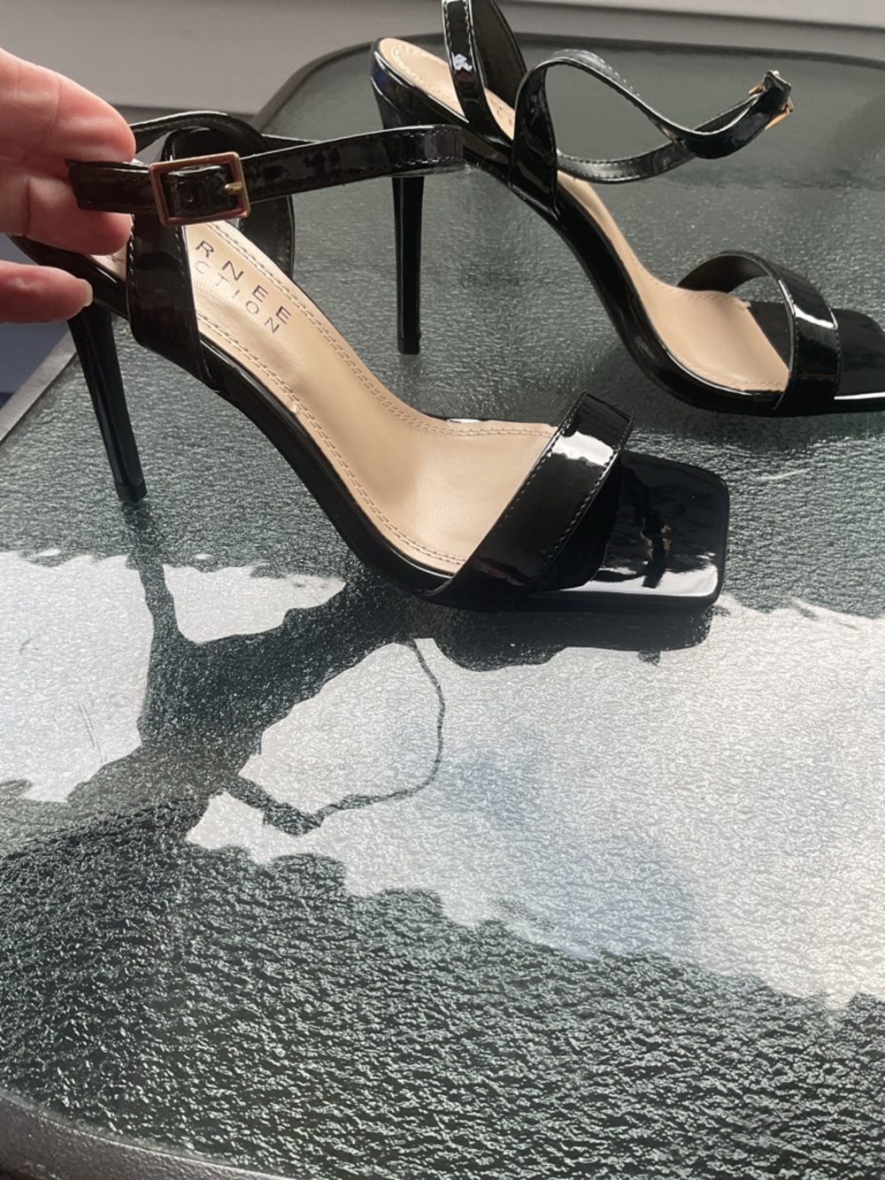 Journee Collection Black Patent Square-Toe Ankle Strap Heels